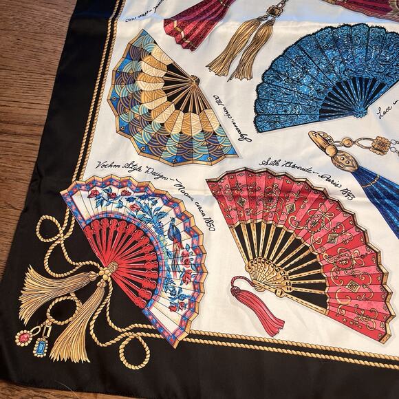 Vintage Avon Fans of the World Scarf 34" Black Gold Pink Blue Shawl Wrap 1970s - Picture 6 of 11